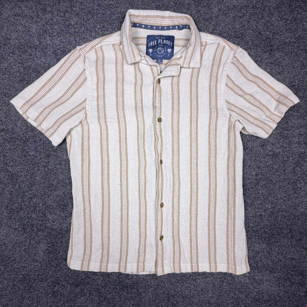 Free Planet Mens Small Tan White Striped Cotton Short Sleeve‎ Button Down Shirt